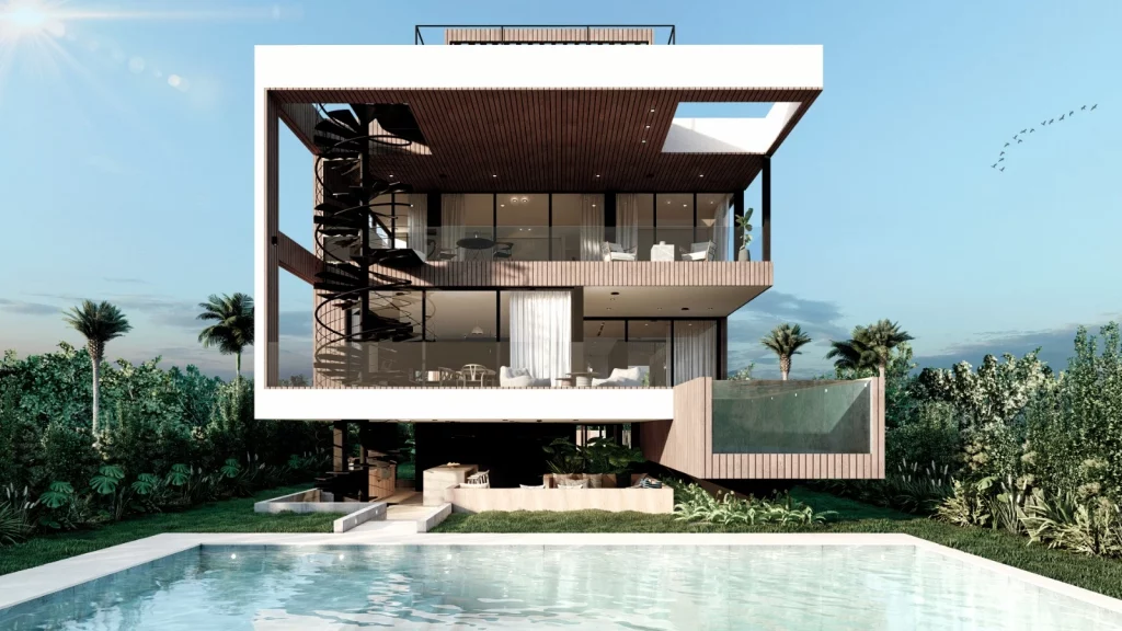 Bayside Lane Residence rear exterior with pool and spiral staircase, Residential Architecture Miami Beach by Atelier International LLC