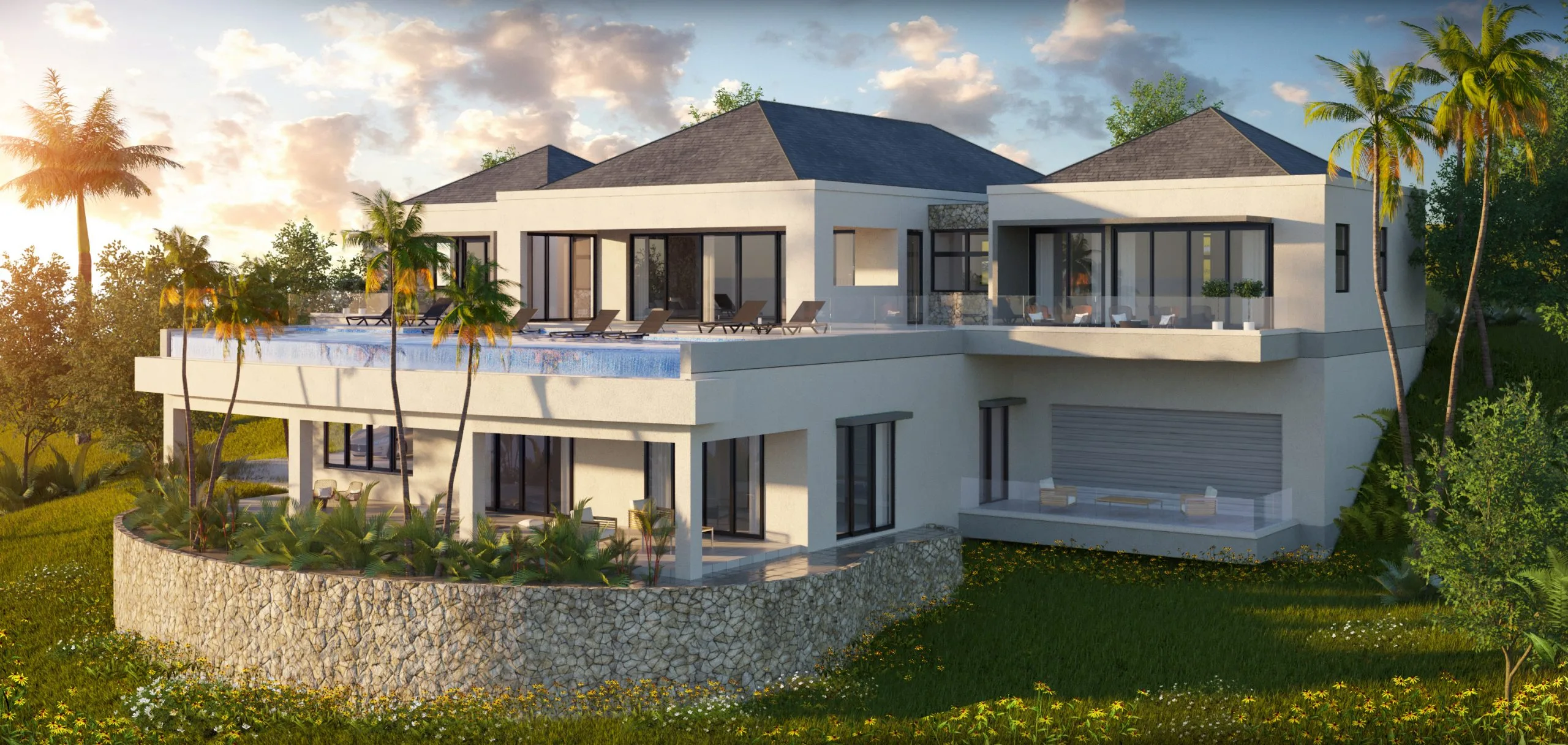 Rear elevation rendering of hillside Caribbean residence with infinity pool, stone retaining wall and sunset views, Residential Architecture St Lucia by Atelier International LLC