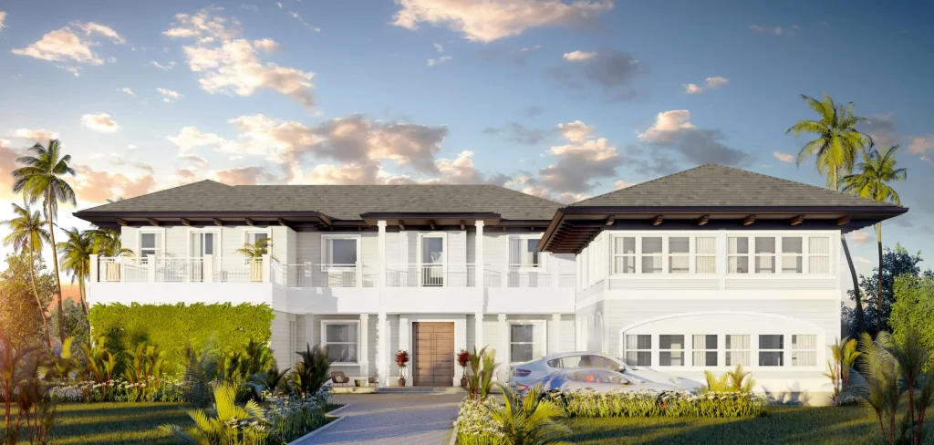 Hardie Avenue Residence front facade with colonial style architecture and tropical landscaping, Custom Home Design Miami by Atelier International LLC