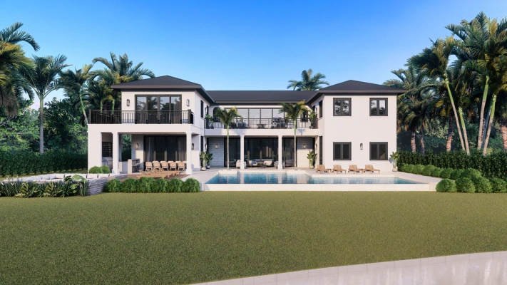 Island Road Residence rear exterior with pool and terrace, Luxury Residential Architecture Miami by Atelier International LLC