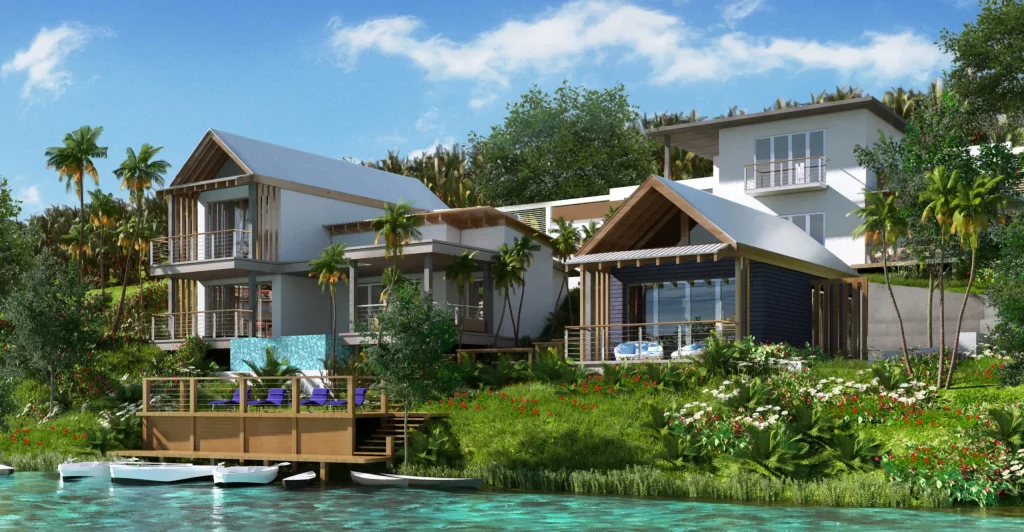 Architectural rendering of modern waterfront residence with wood-frame gabled roofs, balconies, and tropical landscaping overlooking turquoise water