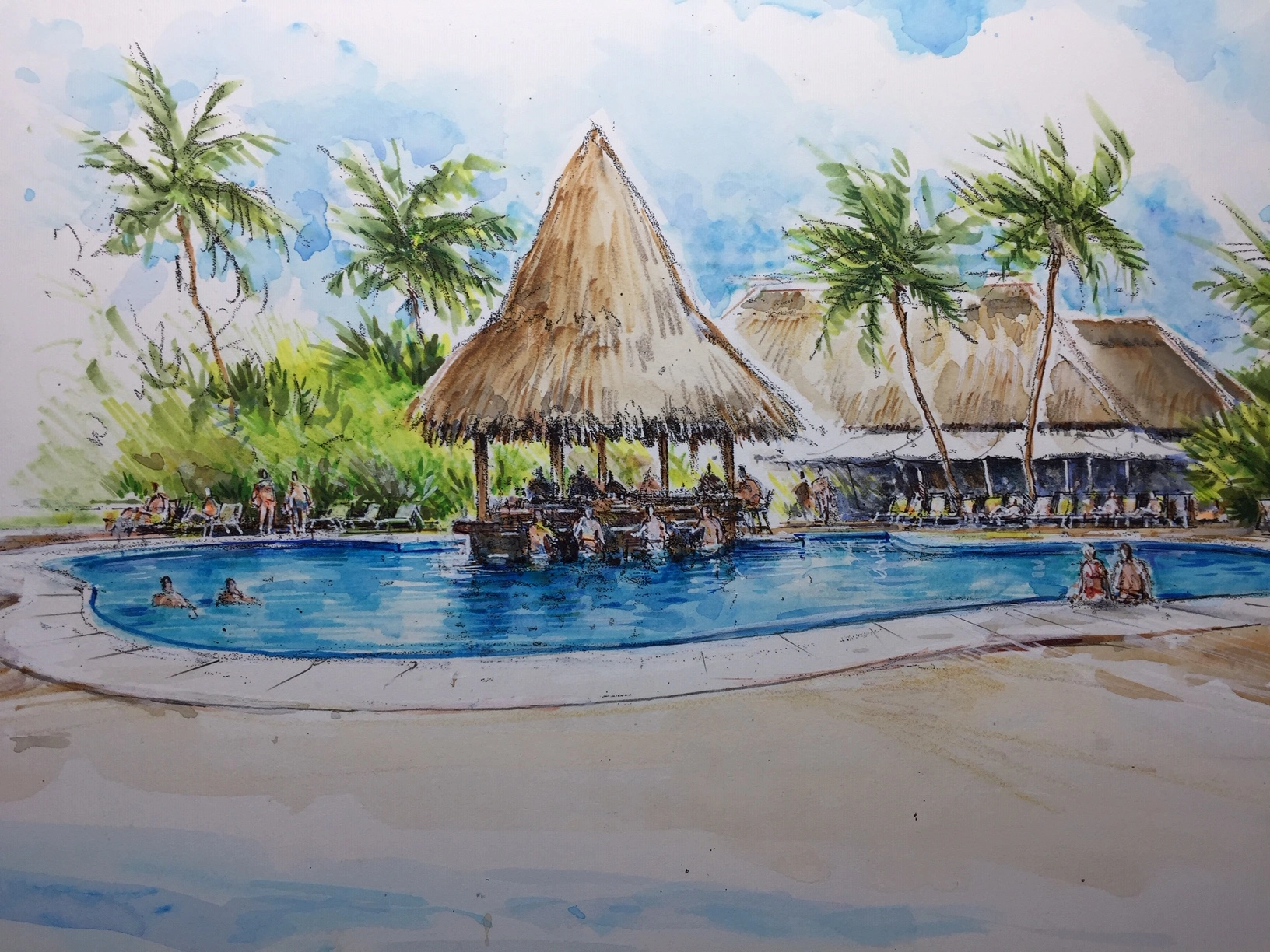 Architectural watercolor sketch of resort pool with thatched palapa bar and lounge area, Hospitality Architecture St Lucia by Atelier International LLC