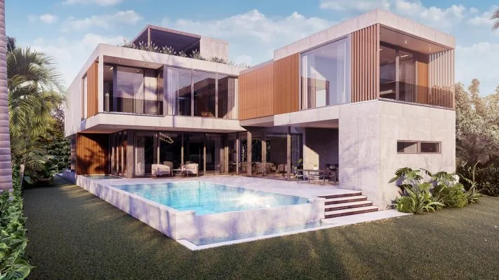 Meridian Avenue Residence rear exterior with pool and rooftop garden, Residential Architecture Miami Beach by Atelier International LLC