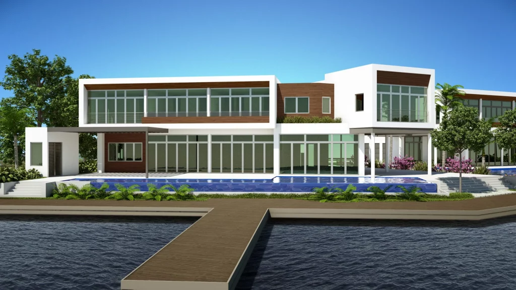 Rodney Bay Residence waterfront exterior with pool and private dock, Residential Architecture St Lucia by Atelier International LLC