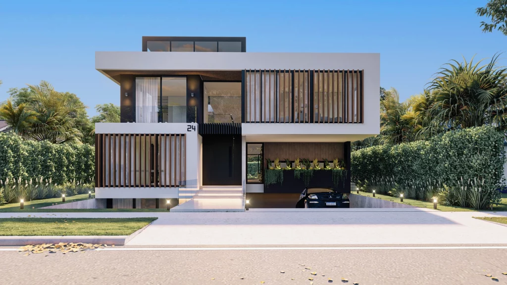 SW 24th Road Residence front facade with timber louvres and covered parking, Custom Home Design Miami by Atelier International LLC