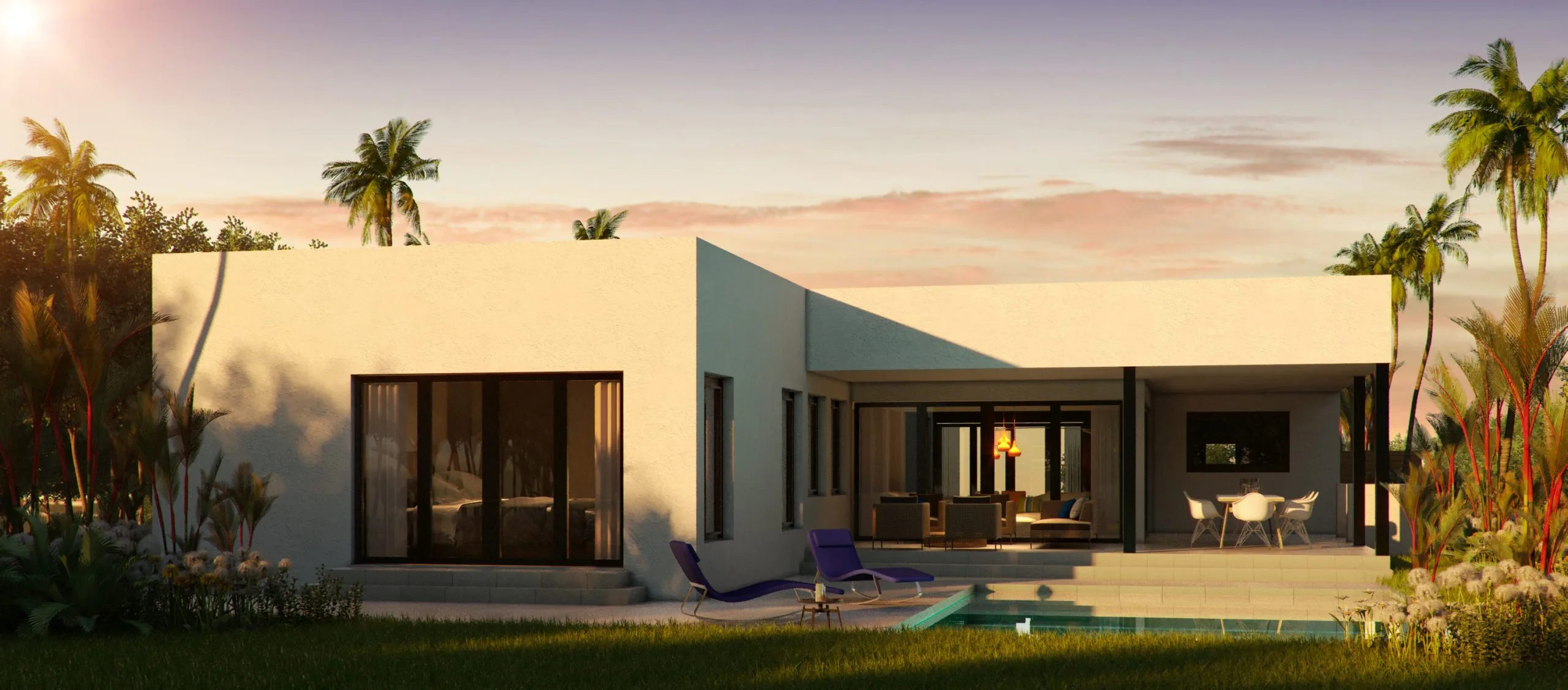Rear elevation rendering of single-storey contemporary home with pool, covered terrace and outdoor dining, Residential Architecture Miami by Atelier International LLC