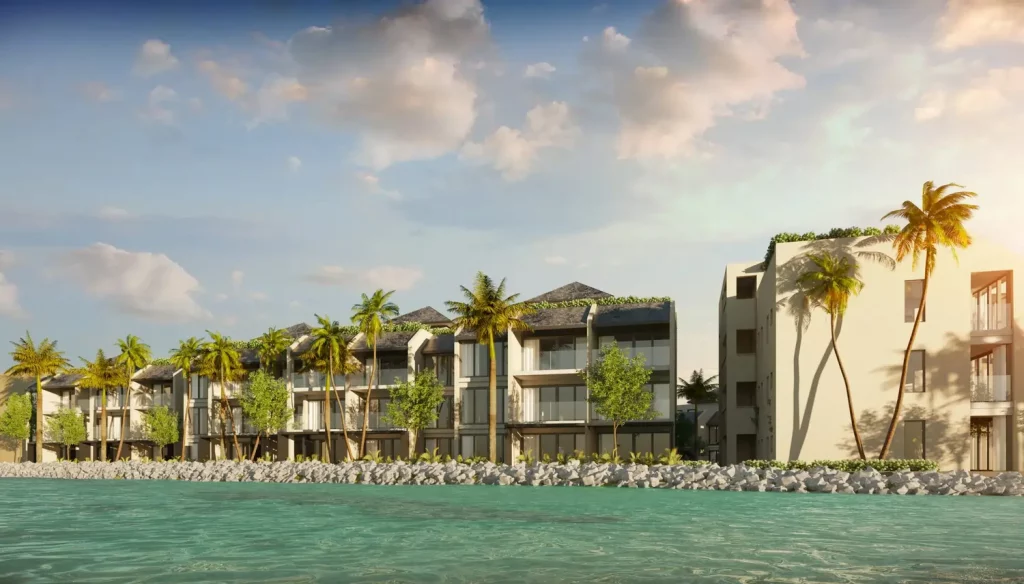 Waterfront rendering of Bay Gardens Resort multi-storey buildings rising from Caribbean coastline, Hospitality Architecture St Lucia by Atelier International LLC